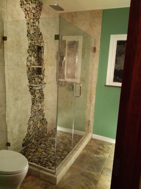 Eclectic Bathroom with stone tile bathroom floor