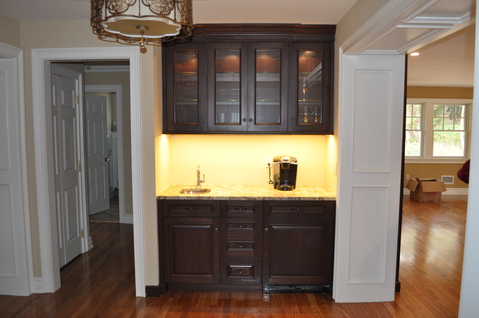 Transitional Dining Room with under mount stainless steel sink