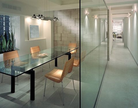 Contemporary Home Office with grey wall to wall carpet