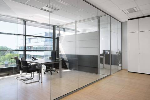 Contemporary Home Office with window top partition wall