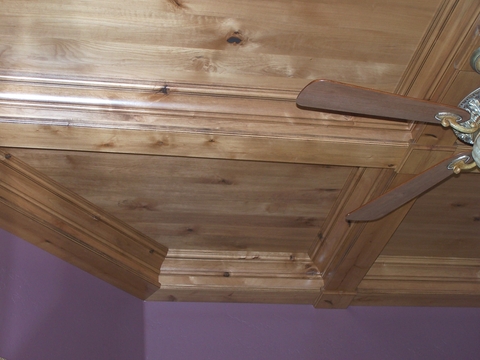 Eclectic Dining Room with stained and finished maple coffered ceiling