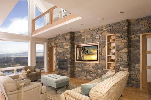 Contemporary Family Room with blue mohair tufted ottoman