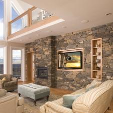 Contemporary Family Room with blue mohair tufted ottoman