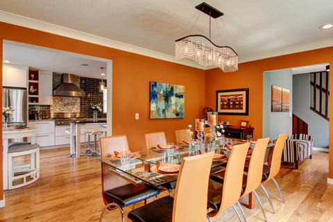 Modern Dining Room with glass top dining table