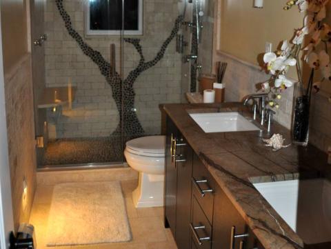 Contemporary Bathroom with small black tile shower stall flooring