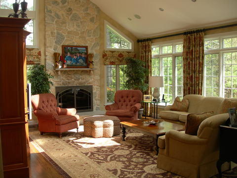 Traditional Family Room with mortared stone fireplace