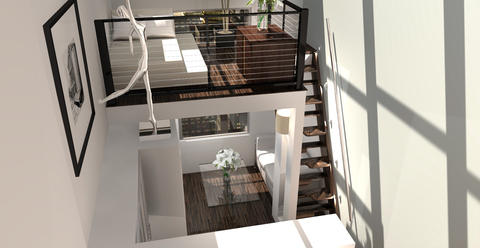 Contemporary Bedroom with wire and metal guard rail