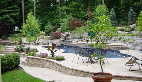Traditional Pool with cushioned outdoor lounge furniture
