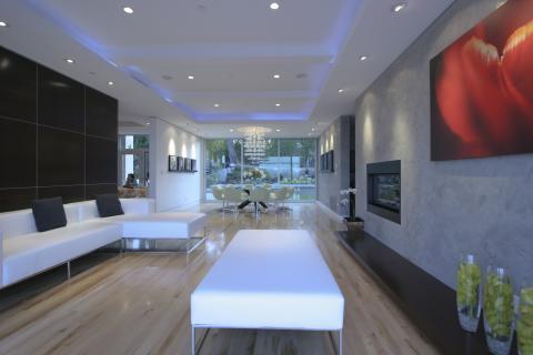 Contemporary Library with med century mod dining chairs