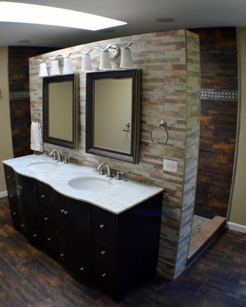 Eclectic Bathroom with porcelain tile shower surround