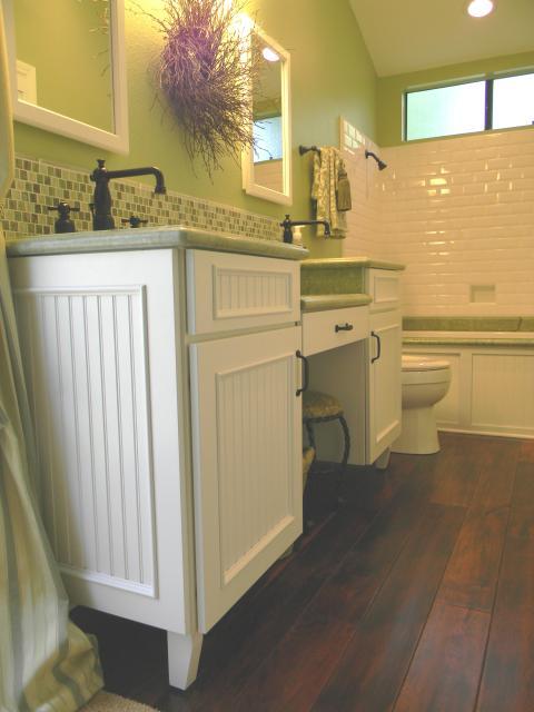 Transitional Bathroom with small green and white tile back splash