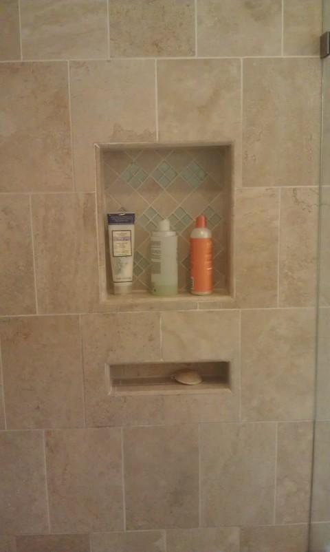 Contemporary Bathroom with shower storage ideas