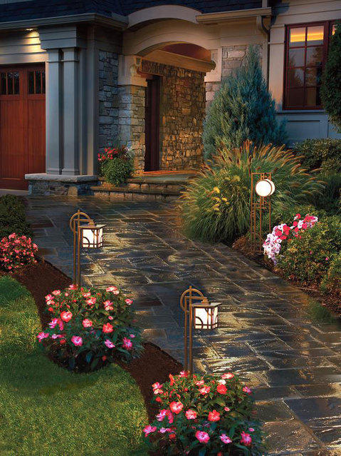 Transitional Landscape with kichler bronze larkin estate low voltage light