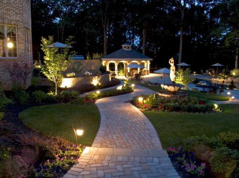 Transitional Landscape with large tiered water fountain feature