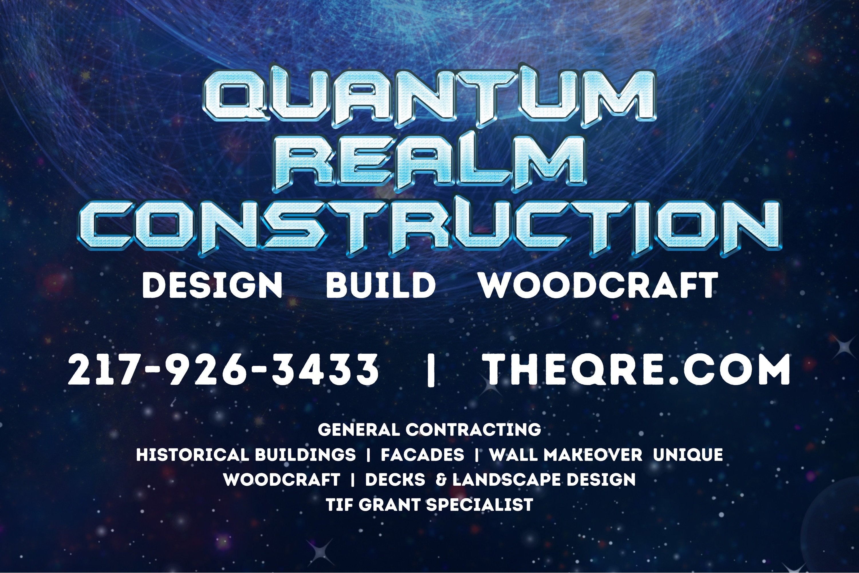 Quantum Realm Construction & Woofcraft Logo