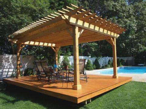Traditional Pool with light wood deck platform