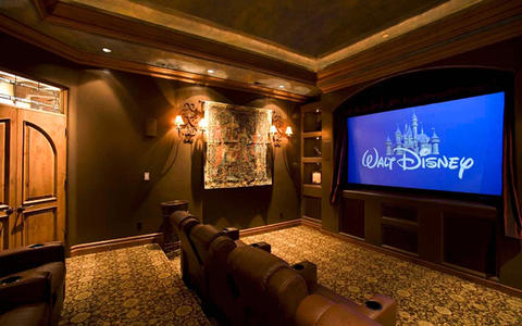 Traditional Home Theater with leather theater chairs