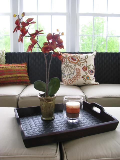 Contemporary Sunroom with dark wood faux orchid plant