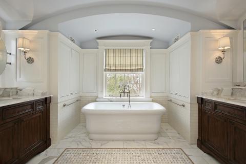 Transitional Bathroom with white subway wall tile