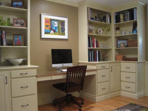 Traditional Home Office with off white raised panel cabinets