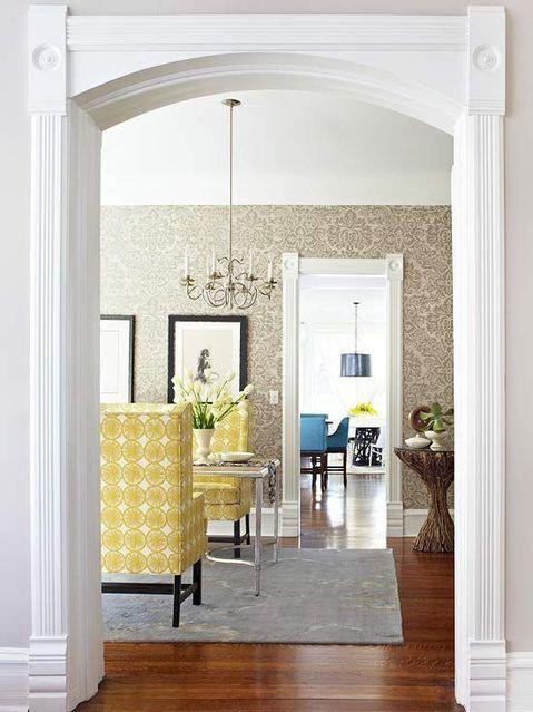 French Country Dining Room with yellow upholstered dining chairs