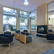 Modern Library with blue glass pendant lights