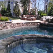 Contemporary Pool with dark brown patio furniture