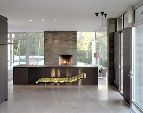 Contemporary Family Room with gray tile faced fireplace
