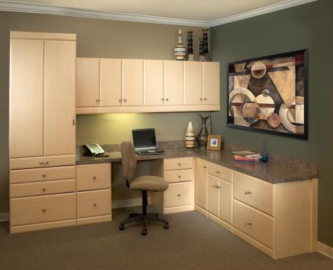 Transitional Home Office with light laminate wood office cabinets