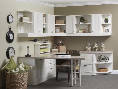 Transitional Home Office with light gray granite counter tops
