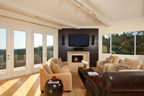 Contemporary Family Room with dark wood long low coffee table