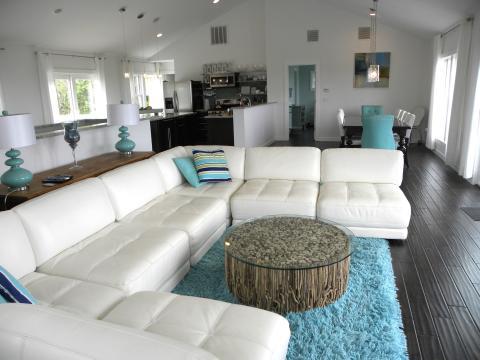 Contemporary Family Room with bright blue shag area rug