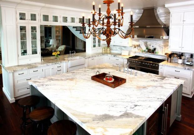 French Country Kitchen in Lakewood - wooden chandelier, white painted ...