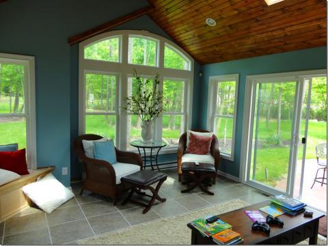 Transitional Sunroom with light wood built-in window bench seating