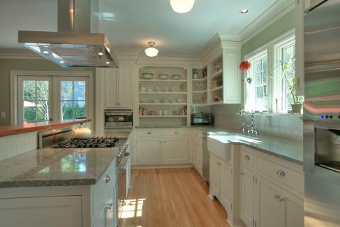 Transitional Kitchen with ceiling mounted metal range hood ceiling