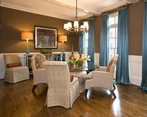 Transitional Dining Room with blue base table lamps withe tan shades