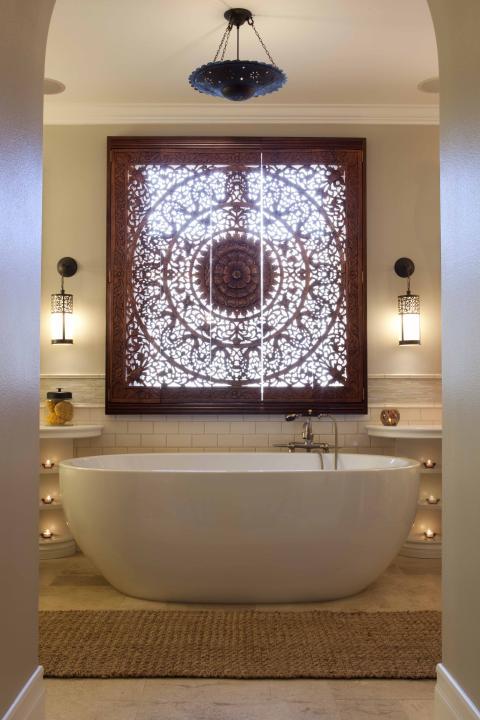 Transitional Bathroom with elaborately detailed wood window covering