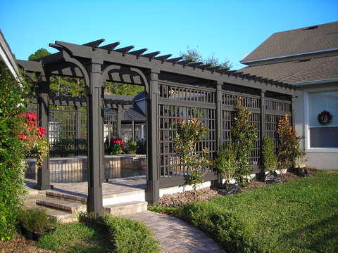 Traditional Pool with black partial shading pergola