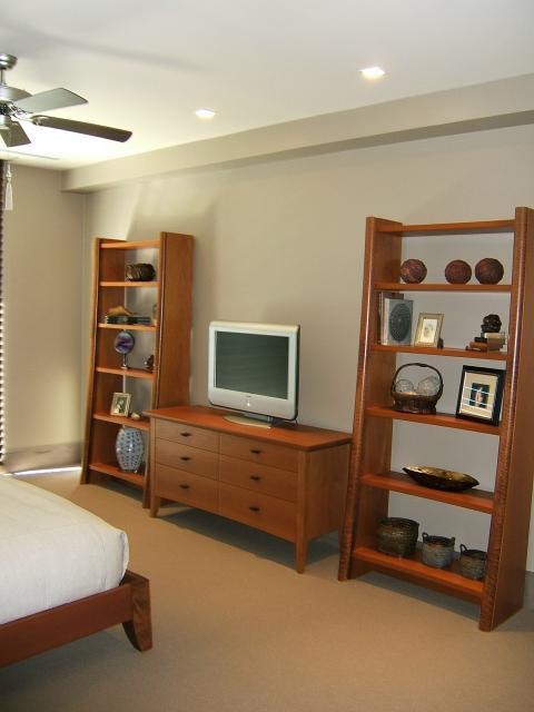 Contemporary Bedroom with medium wood ladder bookshelves
