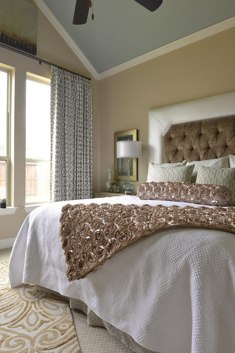 Transitional Bedroom with neutral patterned carpet