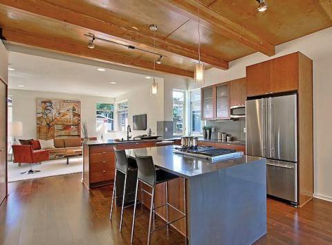 Modern Kitchen with medium wood stained cabinets