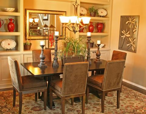 Transitional Dining Room with suede brown upholstered dining chairs