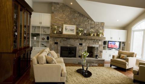 Contemporary Family Room with stone brick fire place wall accent