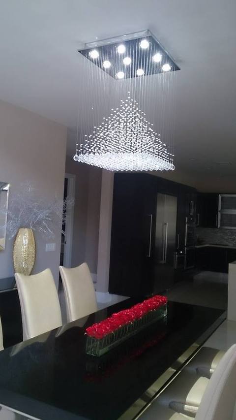 Modern Dining Room with pyramid crystal chandelier