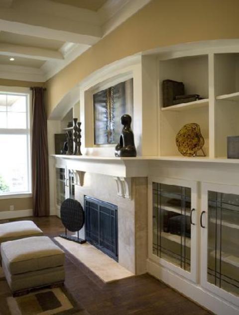 Contemporary Family Room with white wood fire place mantel