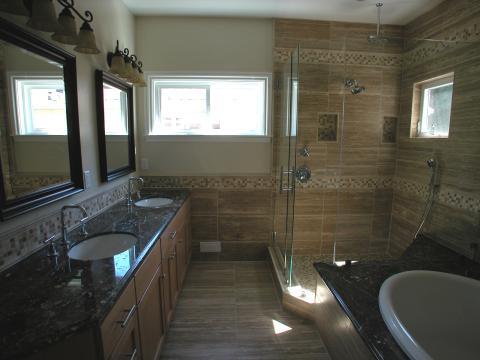 Traditional Master Bathroom with glass shower stall walls and door