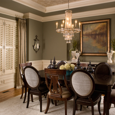 Eclectic Dining Room with floor to ceiling drapery window covering