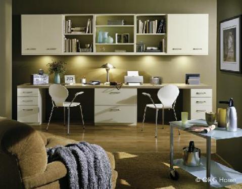 Contemporary Home Office with wall cabinets with open shelves and doors