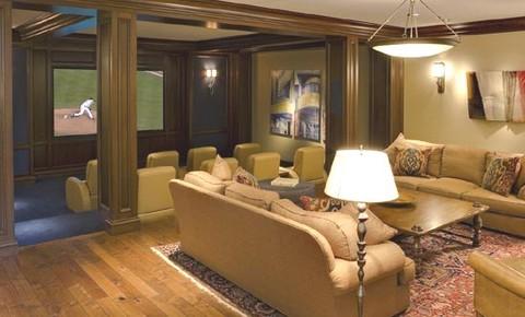 Transitional Home Theater with leather theatre seating