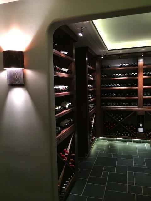 Traditional Wine Cellar with coffered ceiling with rope lighting